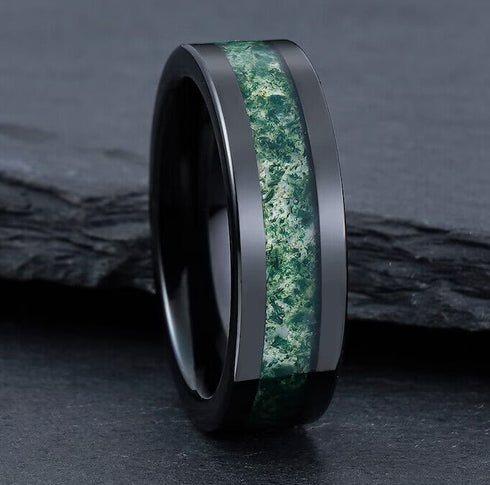 Men's 8mm Tungsten Beveled Edges Black Green Carbon Fiber Inlay Wedding Band